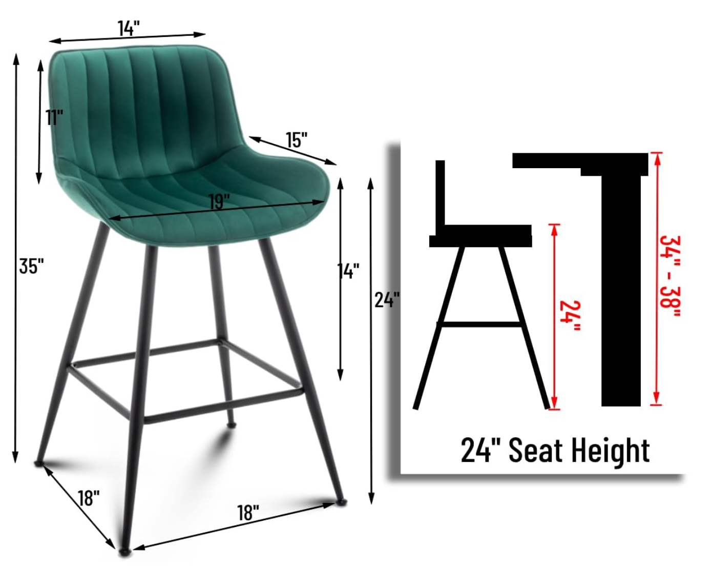 2 green velvet upholstered counterheight bartools🍾