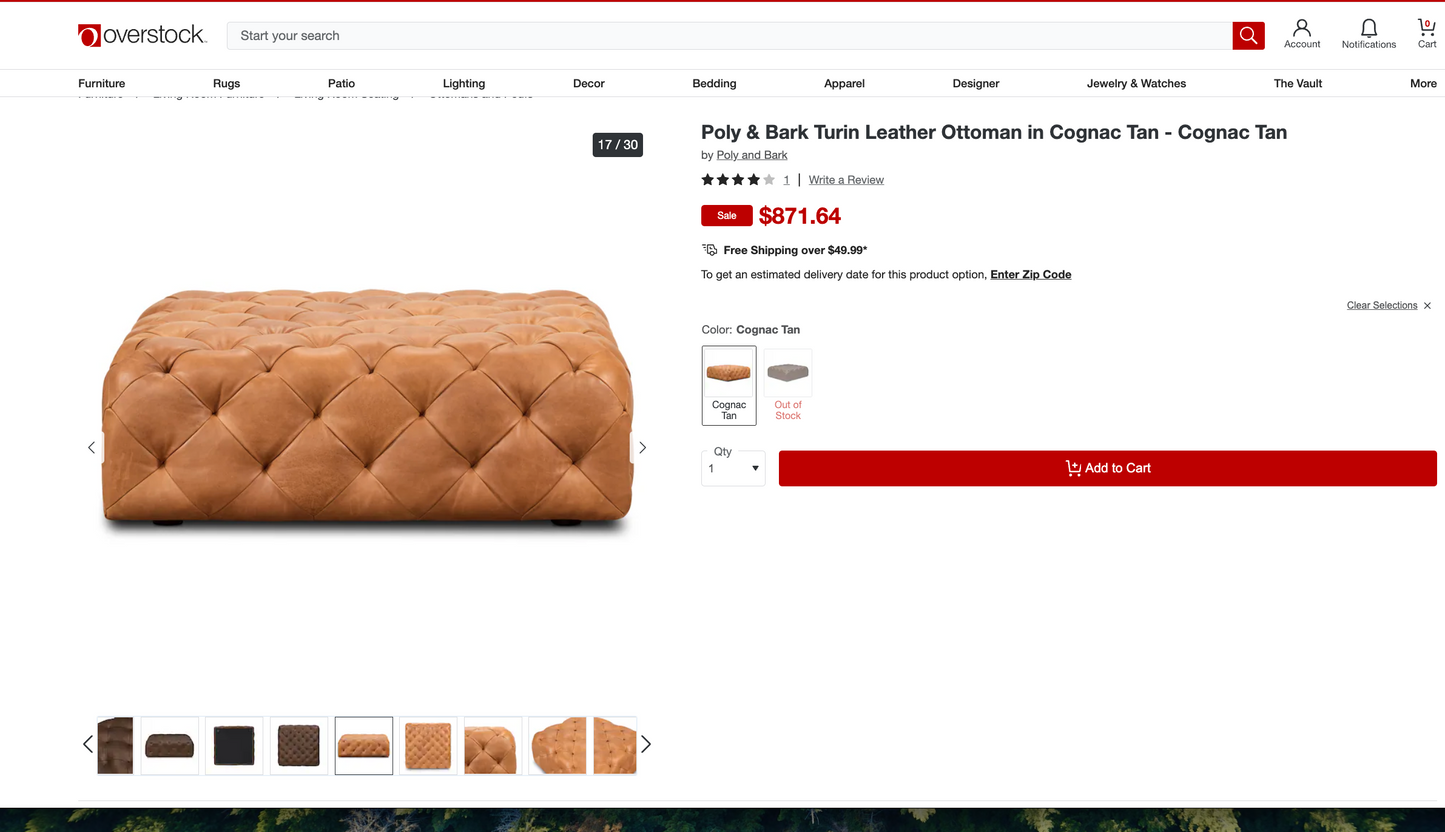 Cognac leather Poly & Bark tufted square ottoman ☕