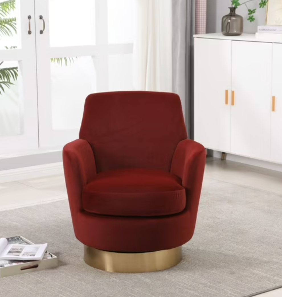 Round red velvet barrel chair w/ gold base 💫