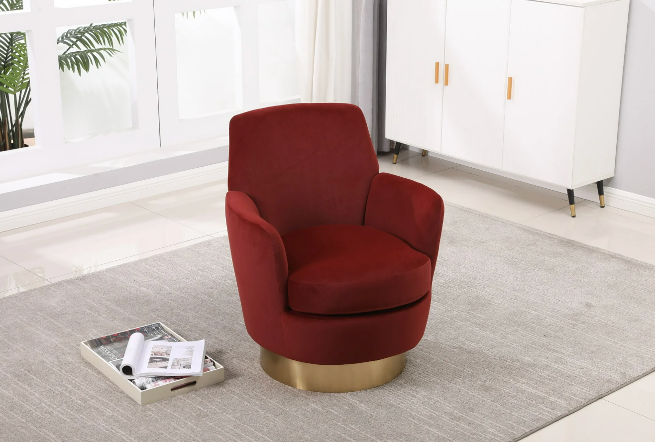 Round red velvet barrel chair w/ gold base 💫
