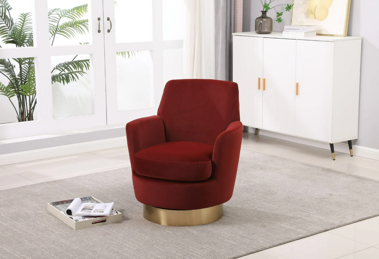 Round red velvet barrel chair w/ gold base 💫