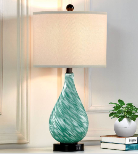 Teal green 3-way touch glass lamp w/ dimming dual USB ports 👗