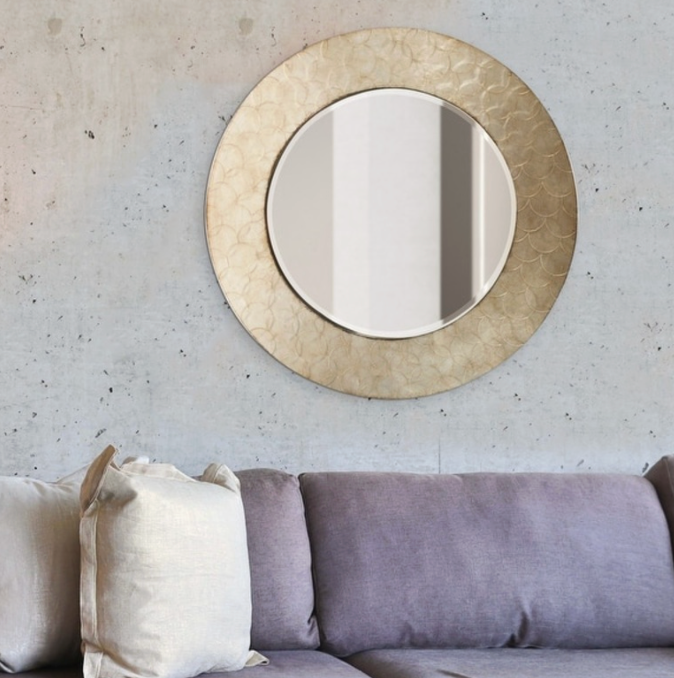 36" round champagne silver textured metal round wood mirror 🪞