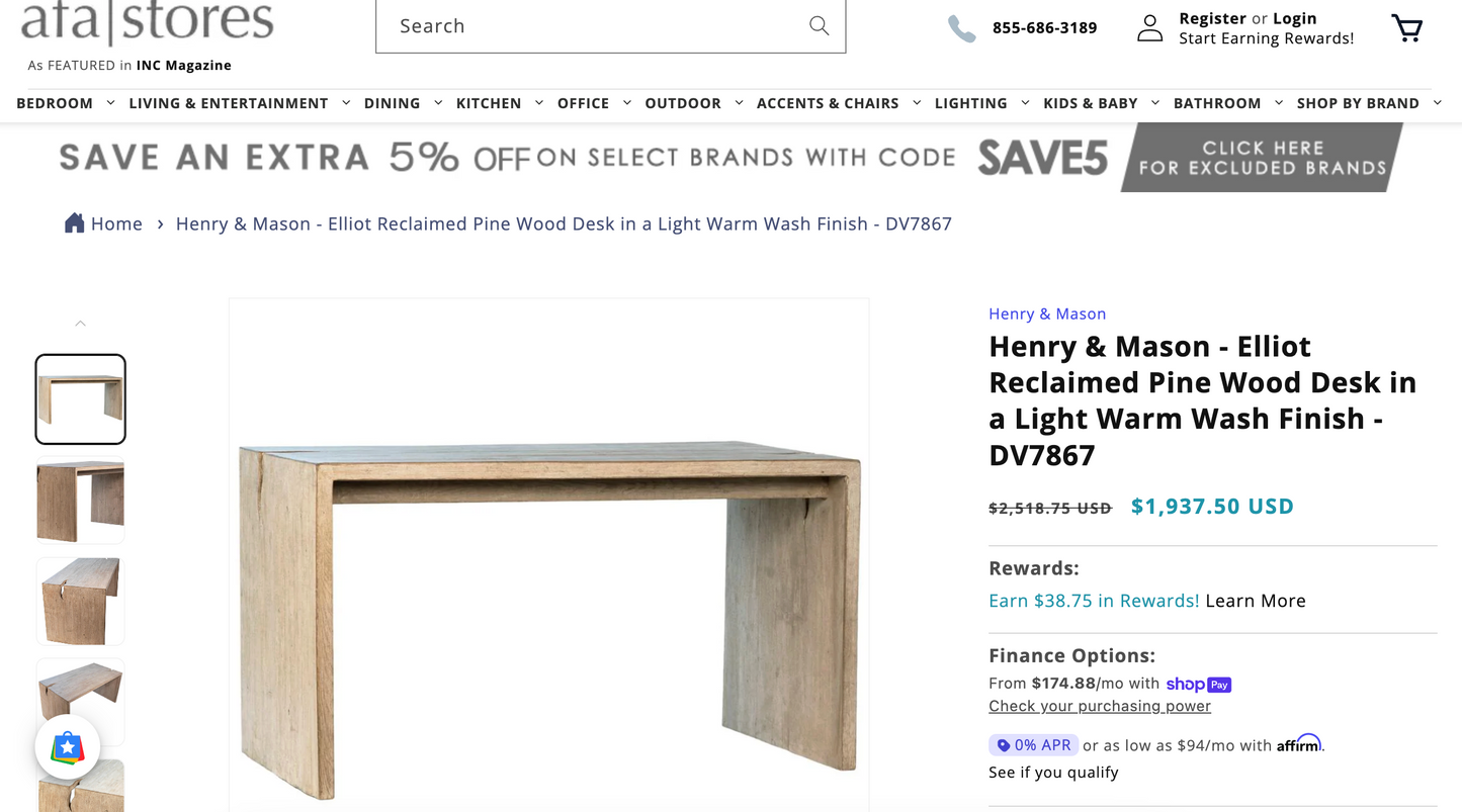 Reclaimed pine wood desk in a light warm wash finish π