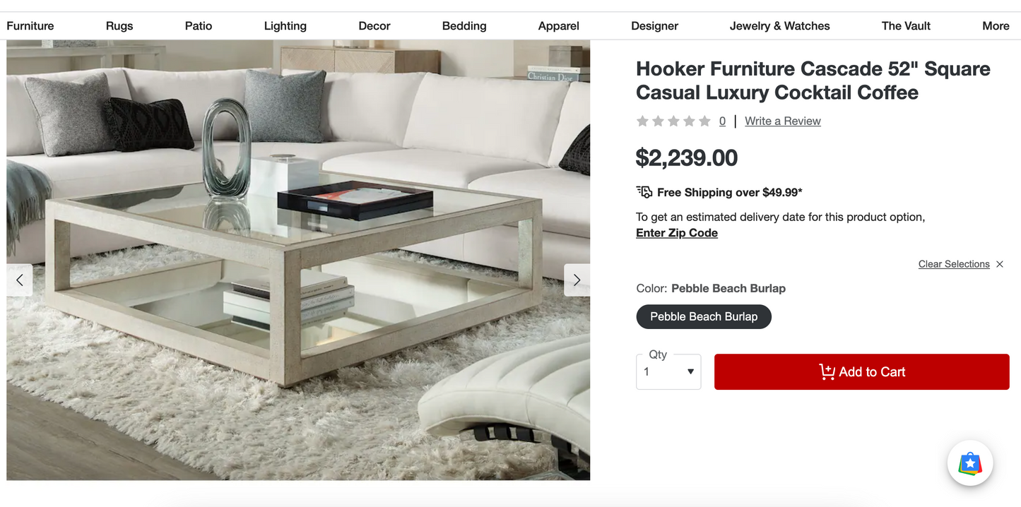 Hooker Furniture coffee table w/ oak frame w/ distressed white finish & glass top & mirror shelf ☕