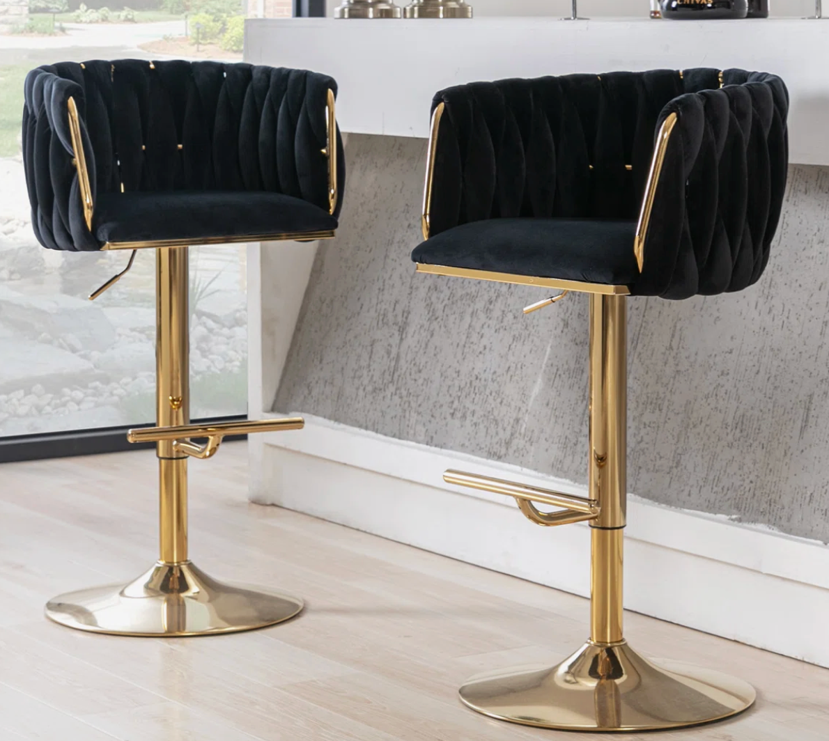 2 black tufted & golden metal adjustable barstools 🥂