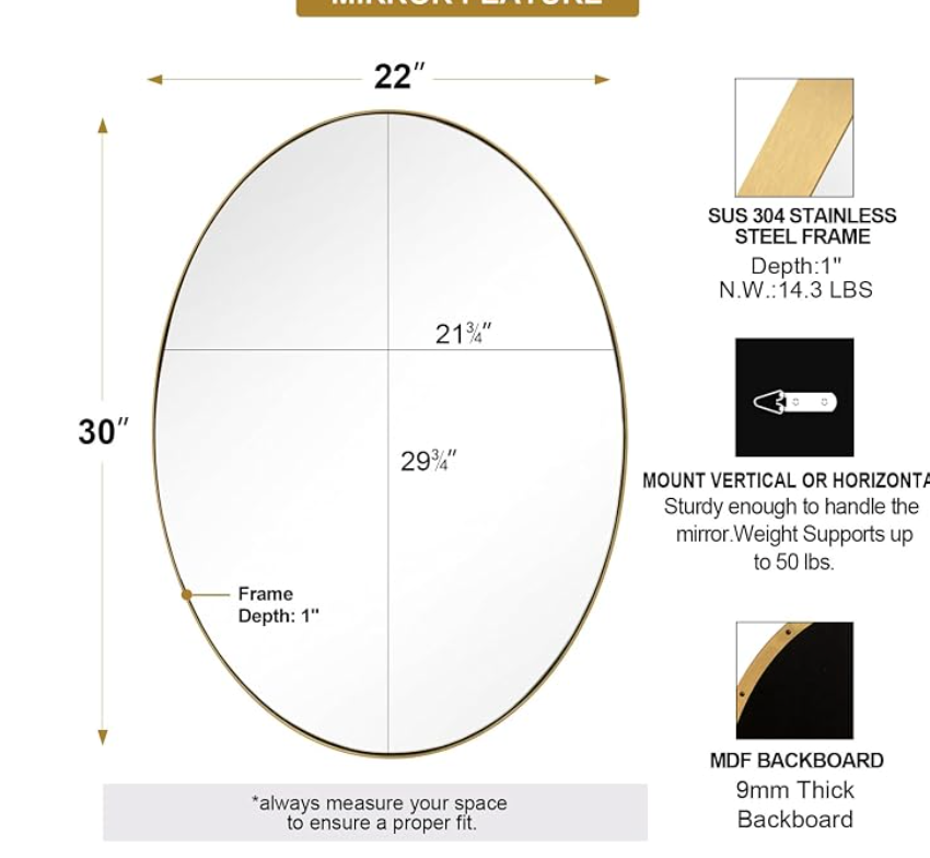 22x30 gold oval stainless steel mirror 🪞