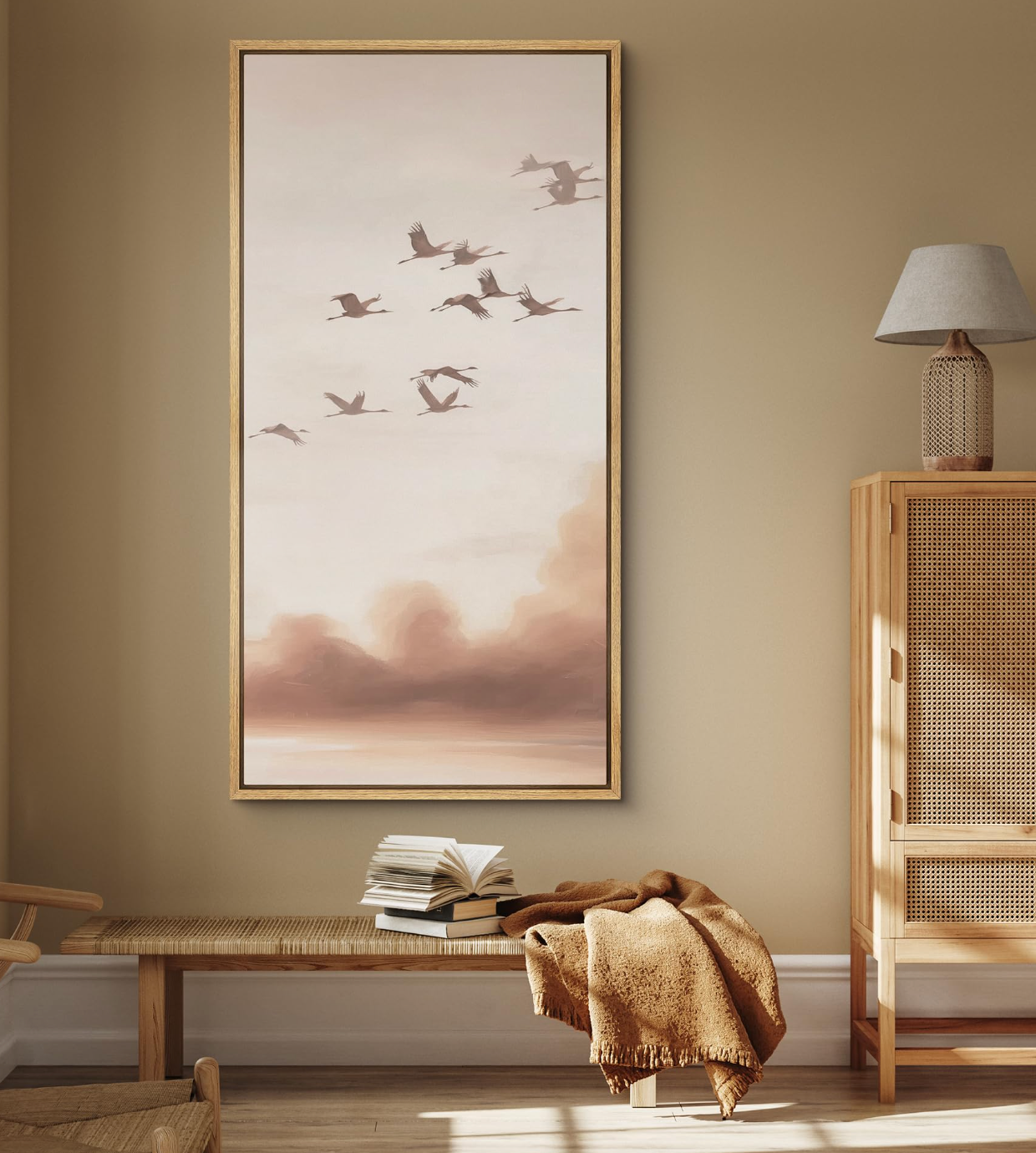 30x60 Flying Cranes at Dawn minimalist nature print 🦩