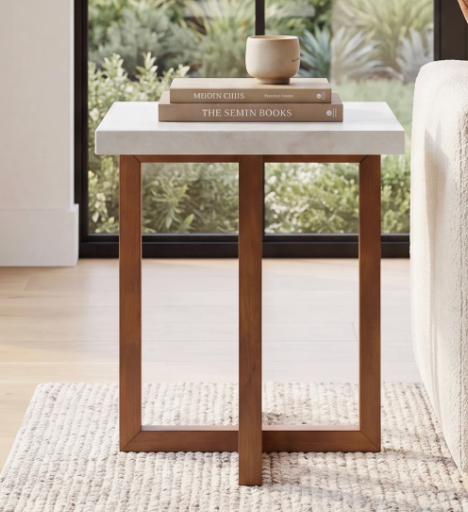 White marble end table w/ modern wood base ☕