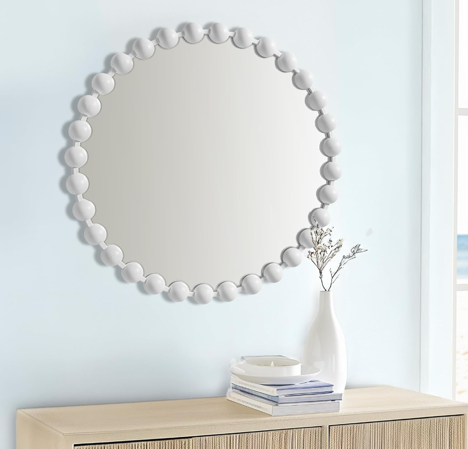 White 27" round beaded wall mirror 🤍