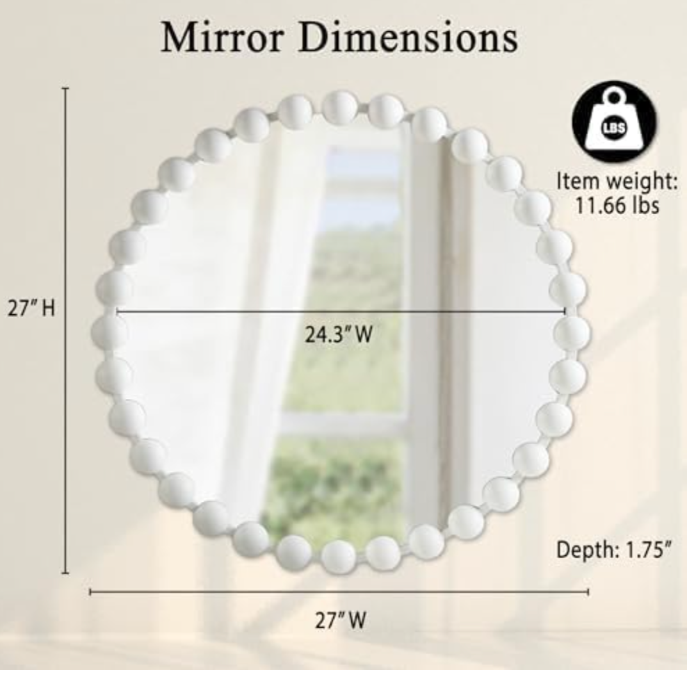 White 27" round beaded wall mirror 🤍