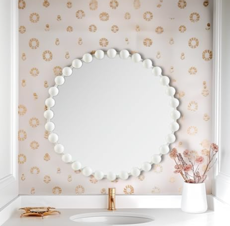 White 27" round beaded wall mirror 🤍