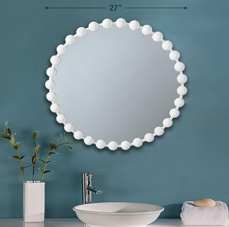 White 27" round beaded wall mirror 🤍