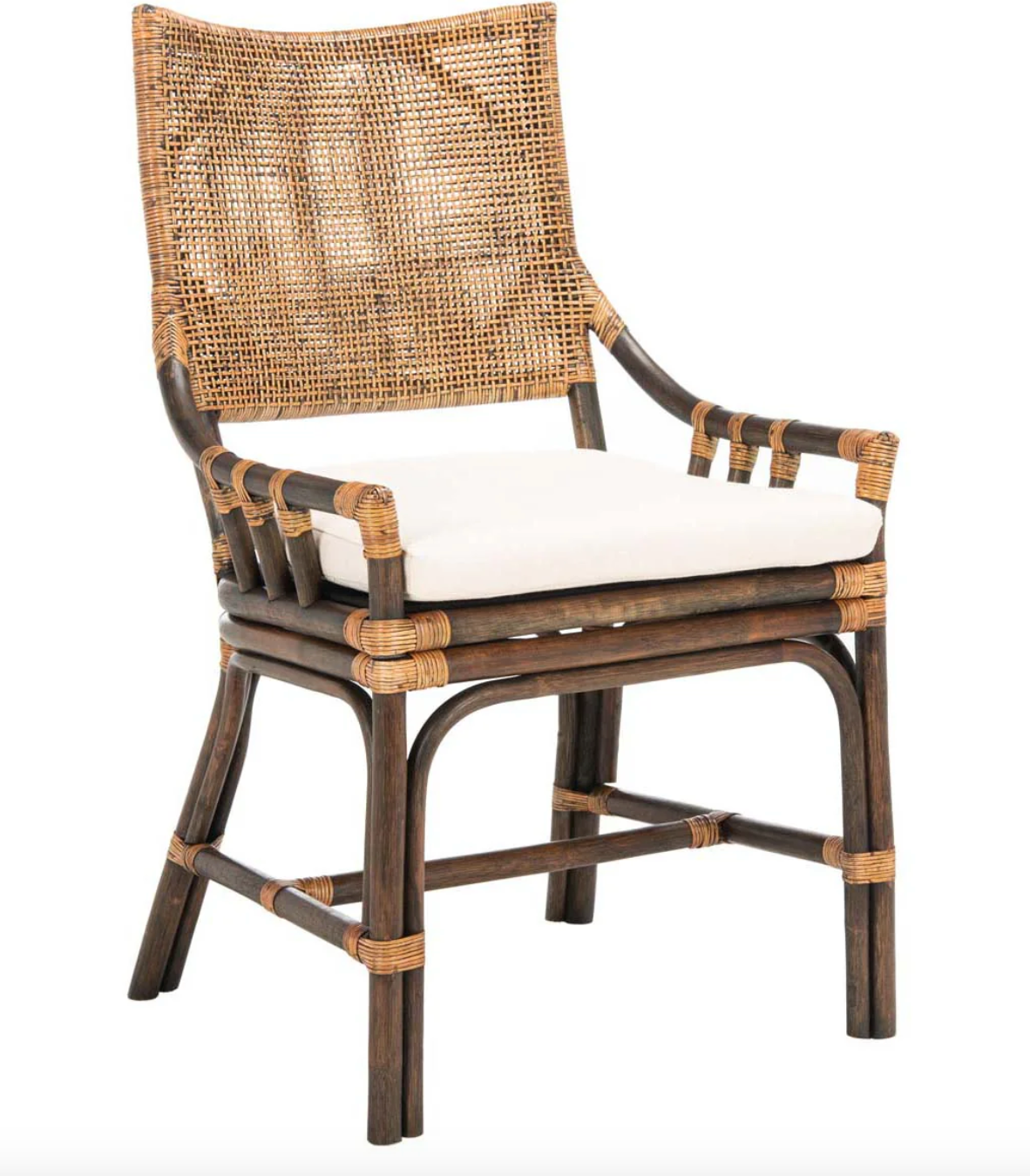 Natural wicker rattan chair w/ white cushion & high back 🌼