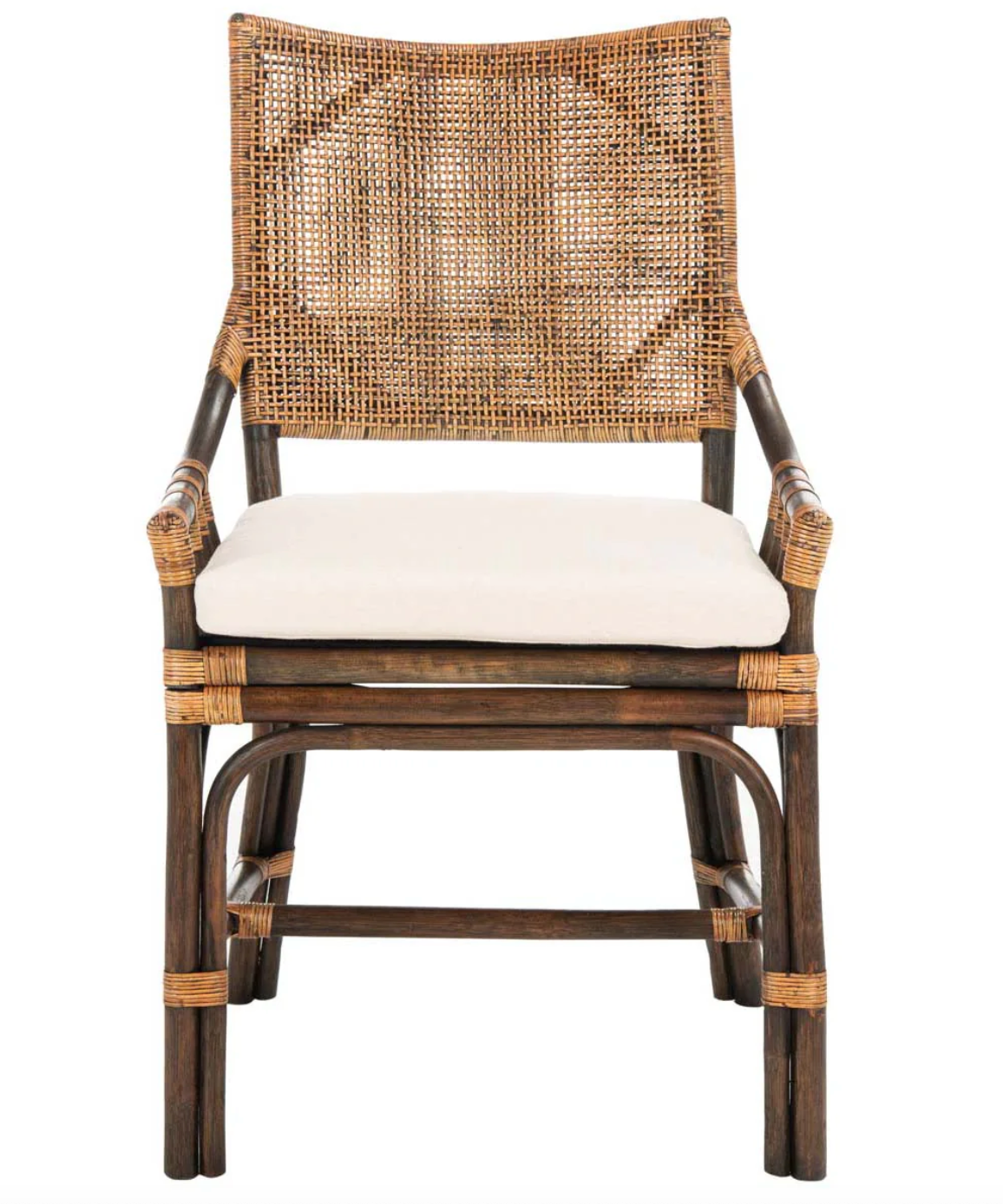 Natural wicker rattan chair w/ white cushion & high back 🌼