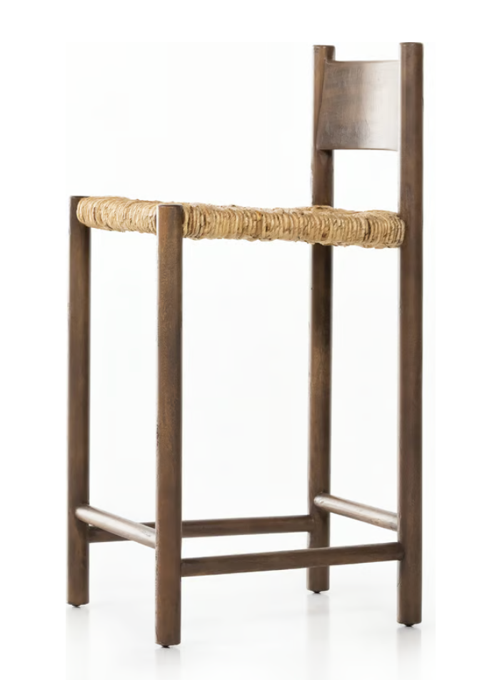 Four Hands mango wood barstool w/ woven banana leaf seat 🍷
