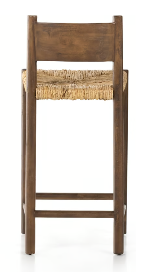 Four Hands mango wood barstool w/ woven banana leaf seat 🍷