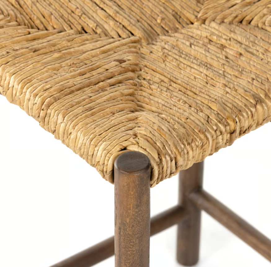 Four Hands mango wood barstool w/ woven banana leaf seat 🍷