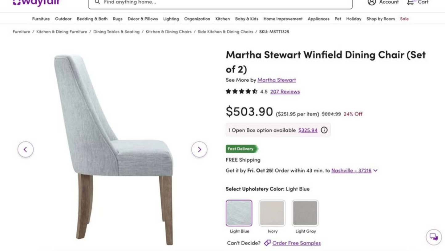 2 light blue linen upholstered Martha Stewart chairs🫐