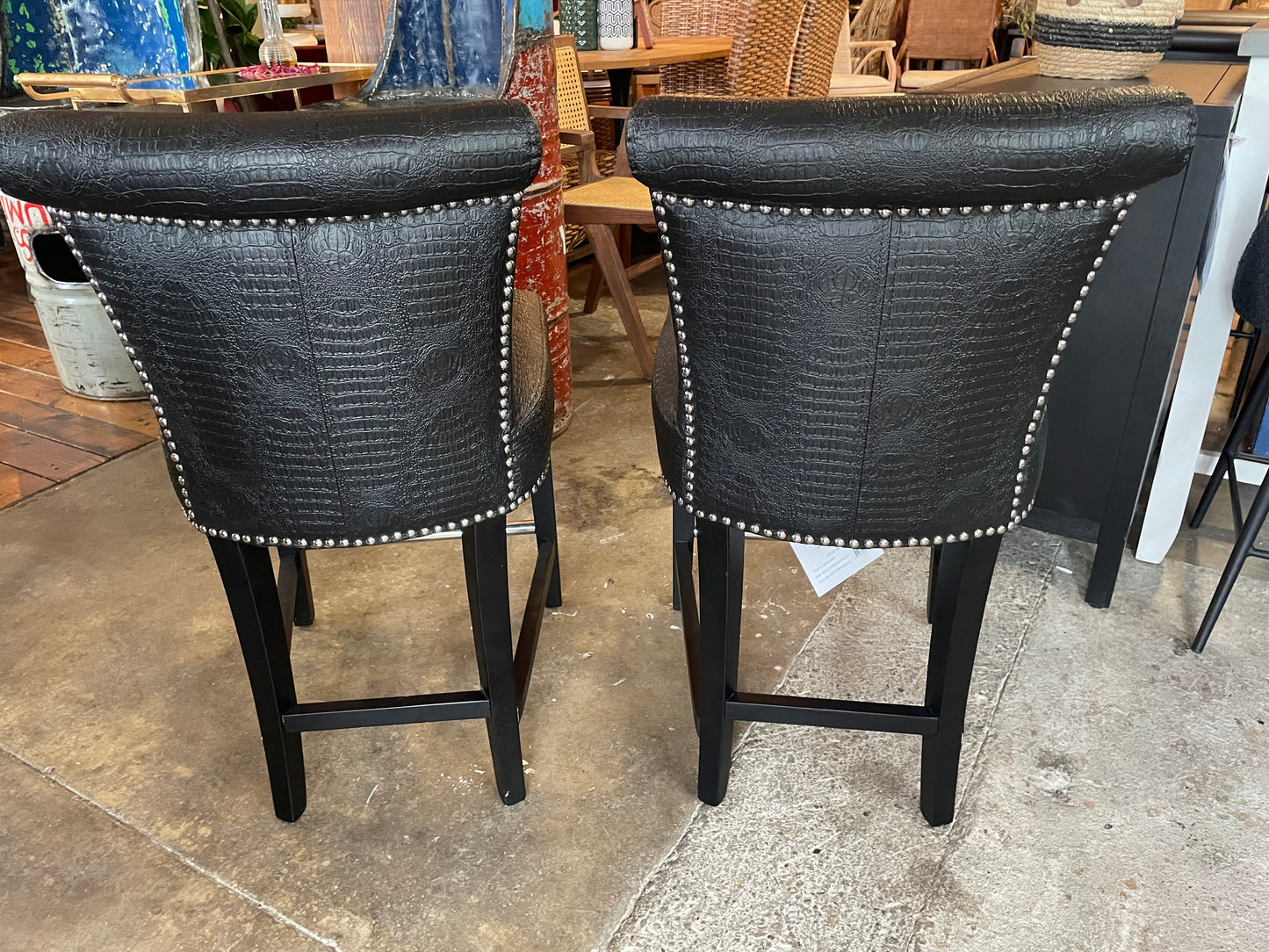 2 faux black crocodile counterheight barstools w/ nailhead trim 🥂