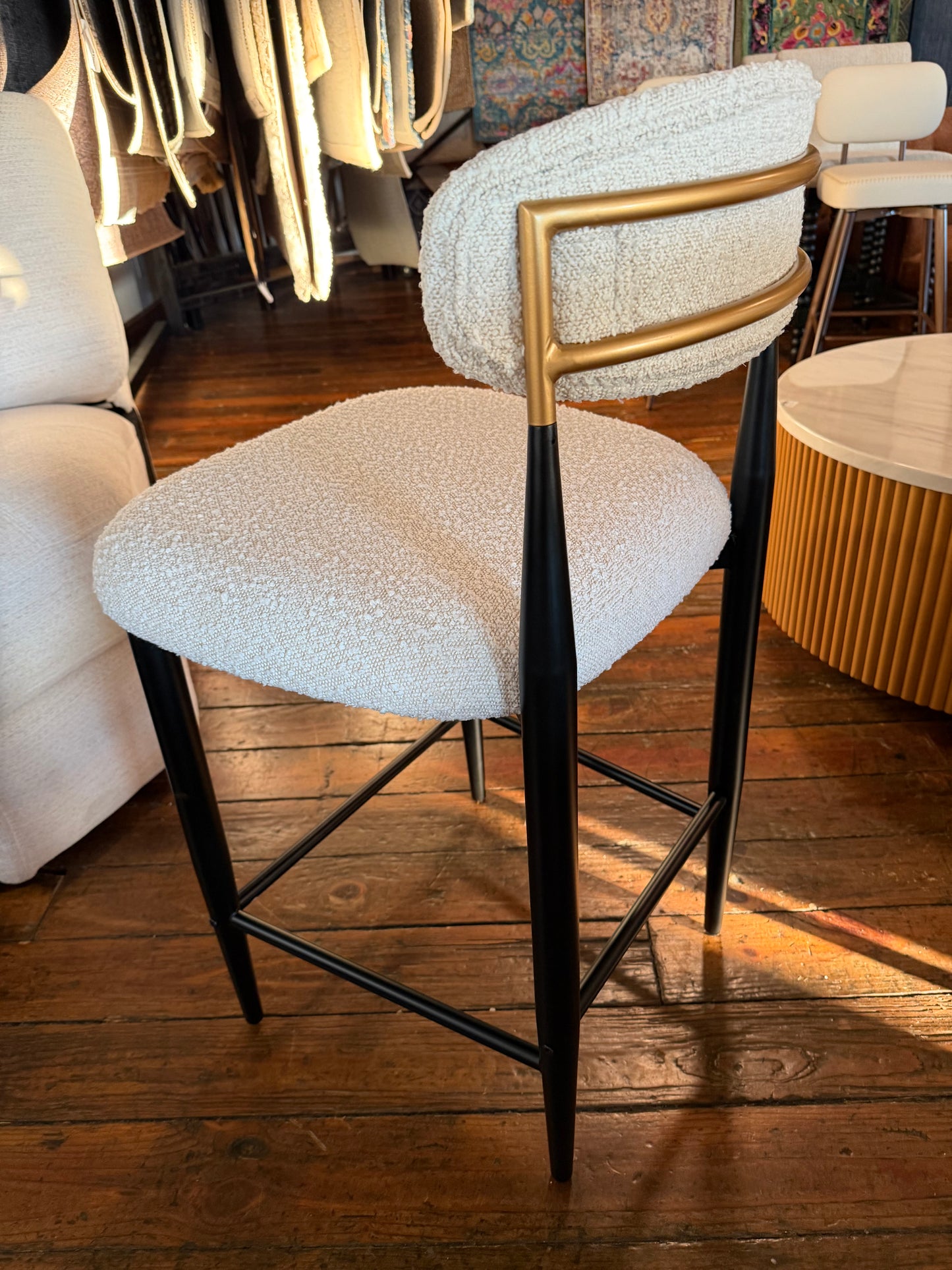 2 modern cream boucle counterheight barstools w/ black & gold frame 🍸