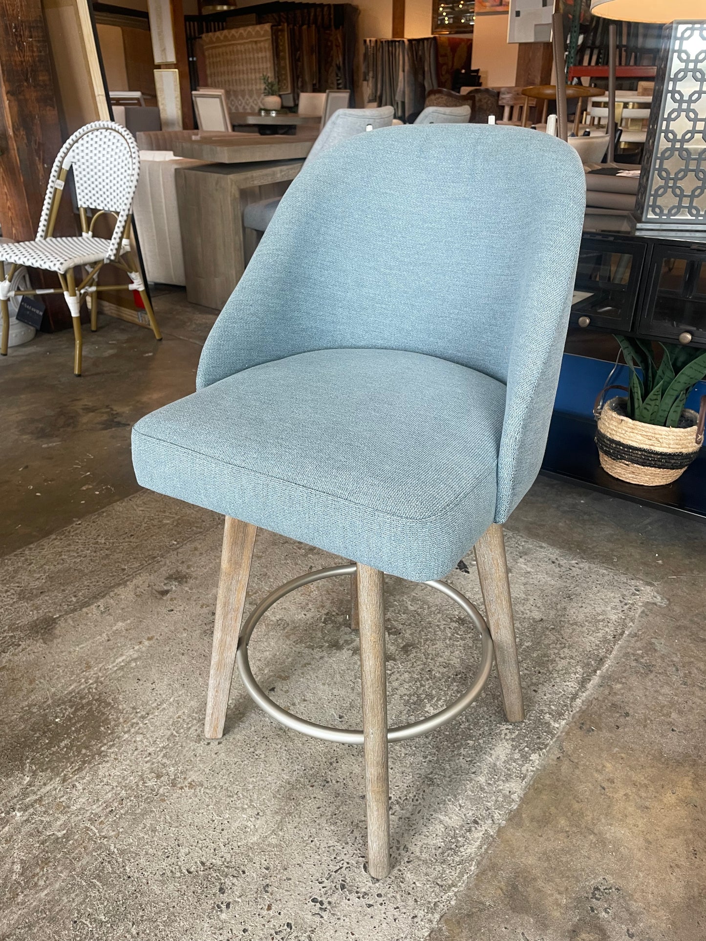 Blue linen fabric counterheight swivel barstool 🥂