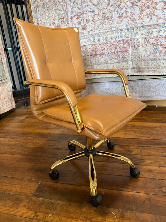 Faux brown leather swivel desk chair w/ gold frame ✨