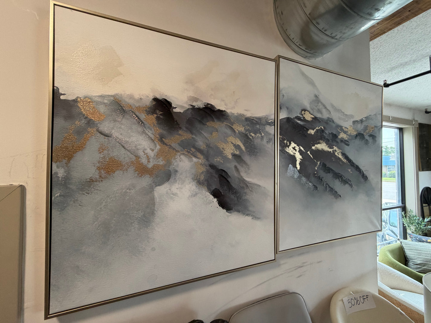 Gold-framed 33x37 abstract blue, grey, & gold art ✨