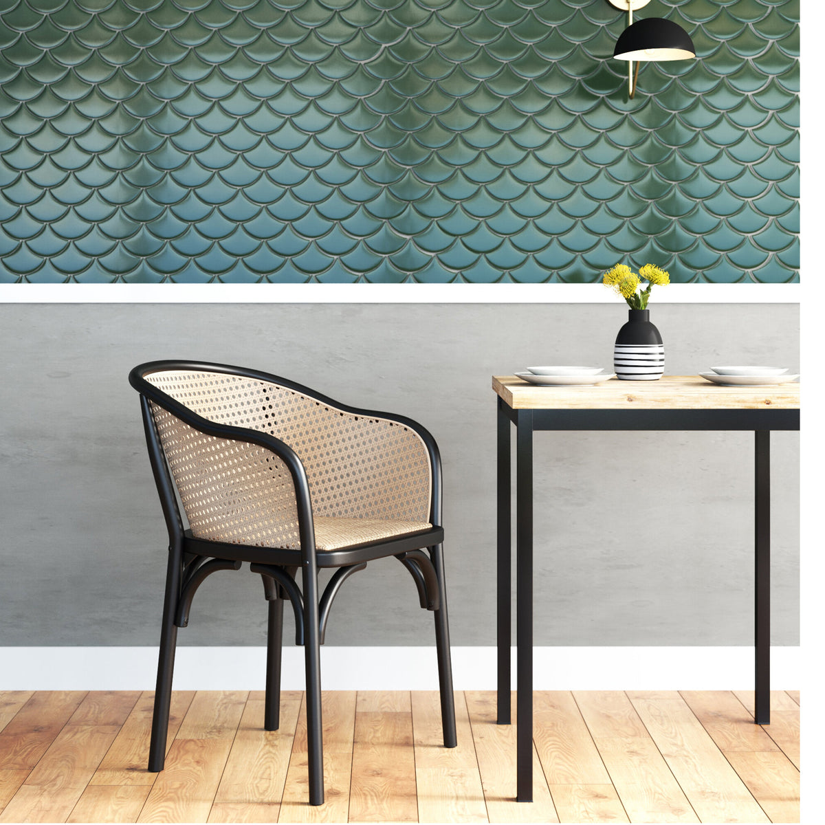 Black cane back dining armchair