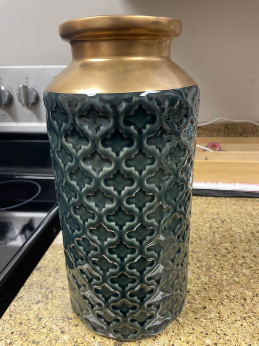 Dark green & gold 12” ceramic vase ✨