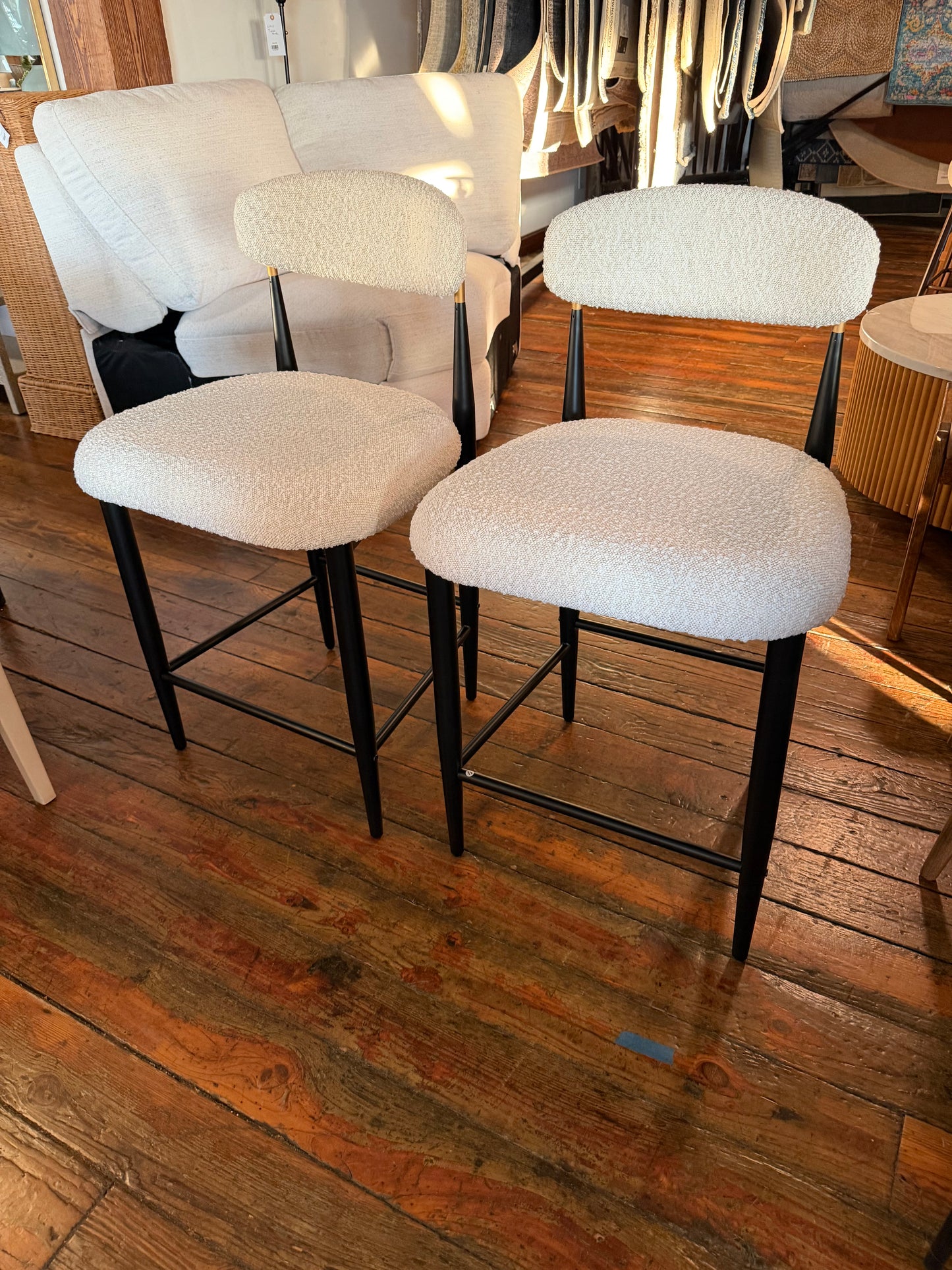2 modern cream boucle counterheight barstools w/ black & gold frame 🍸