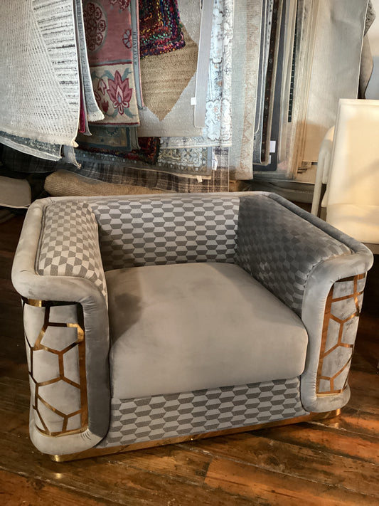 Funky gray & gold swivel patterned armchair ✨