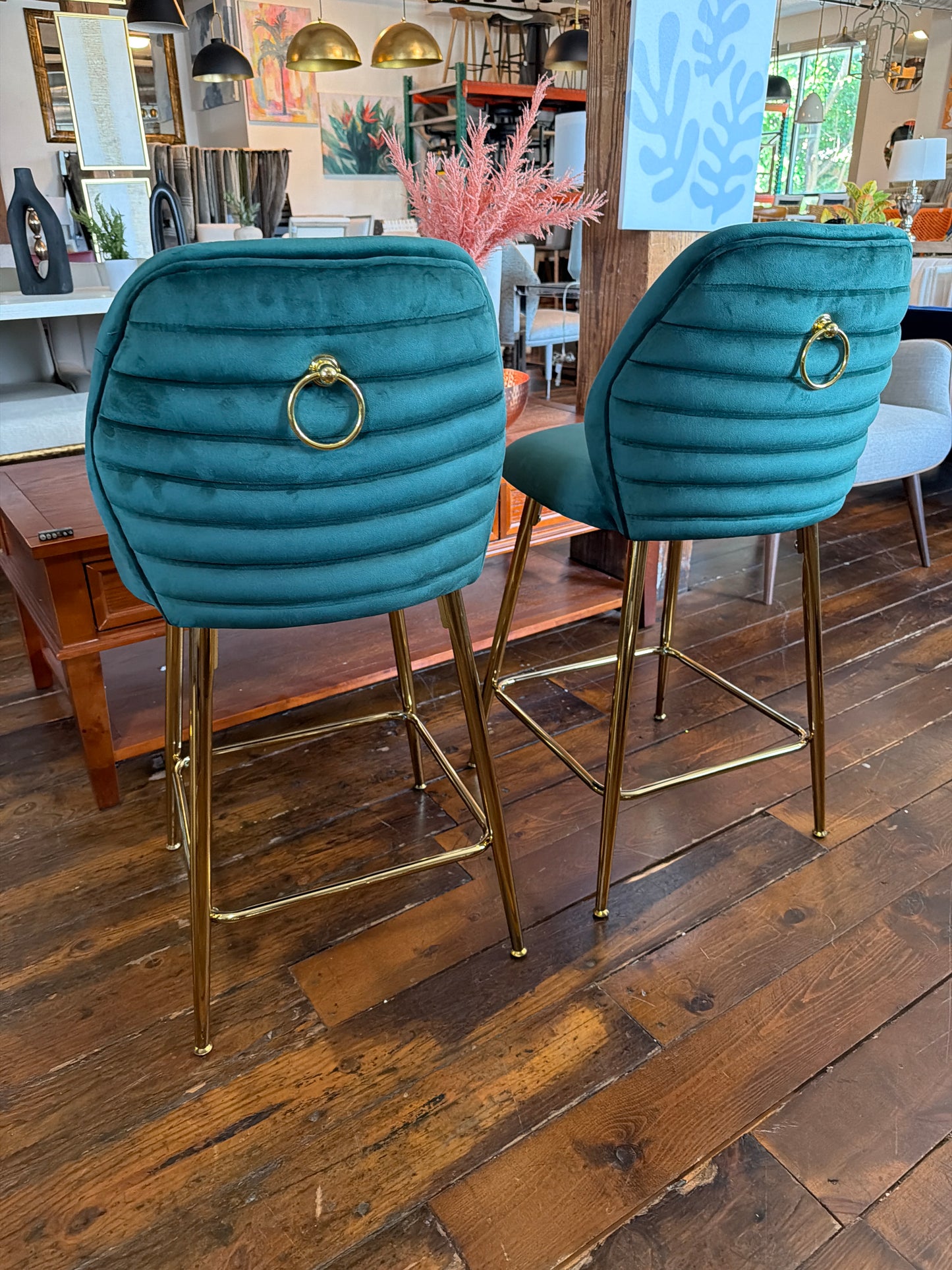 2 green velvet upholstered counterheight bartools🍾