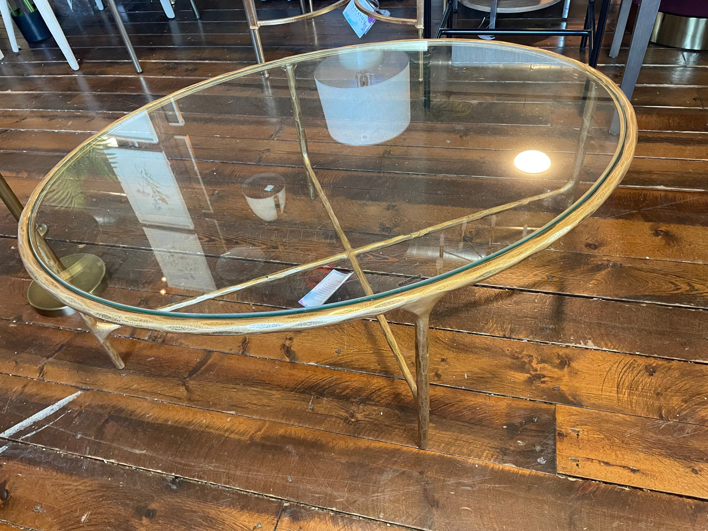 Oval glass coffee table w/ gold hammered iron frame ✨
