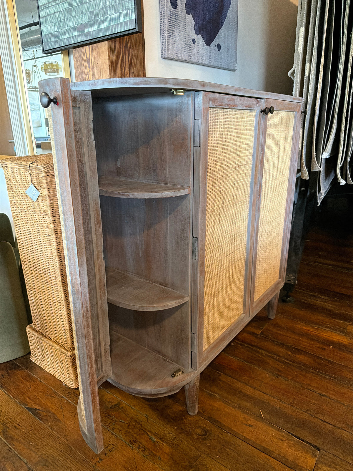 Acacia wood cabinet w/ natural woven, cane doors 🌷
