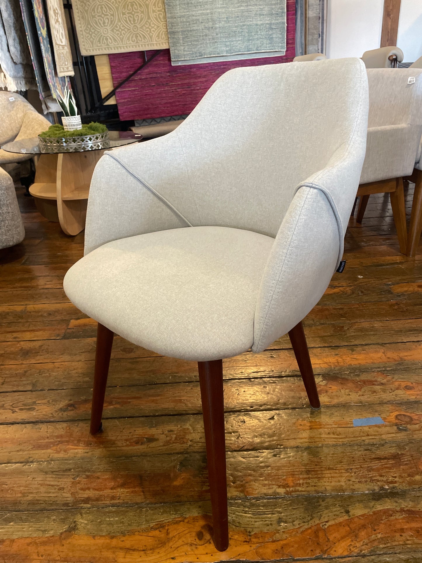 Modern upholstered grey dining chair w/ brown wood legs 🪑