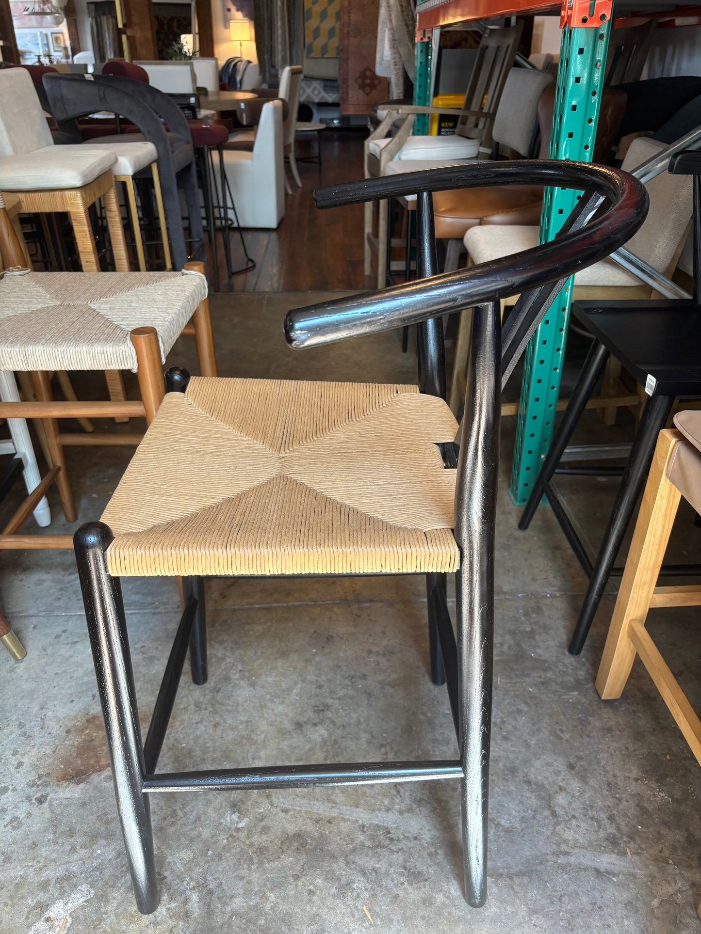 Natural woven rope wishbone counterheight barstool w/ black wood frame 🥂