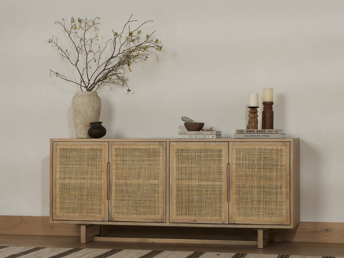 Four Hands white wash mango sideboard with cane doors