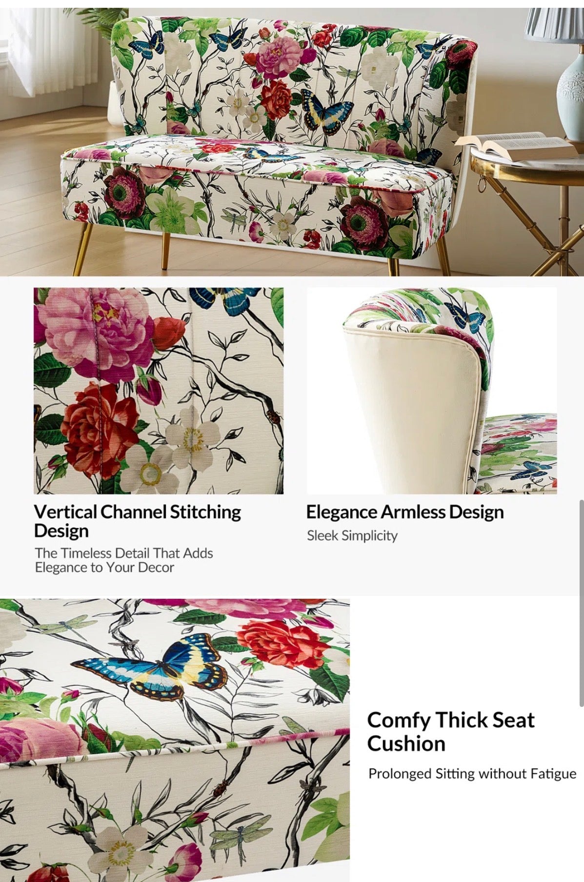 Adorable flower velvet loveseat w/ gold metal legs ✨