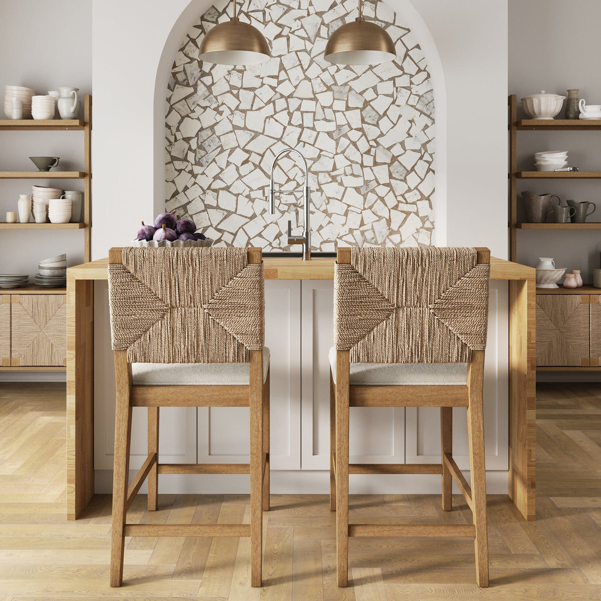 2 Nathan James boucle & seagrass counterheight barstools