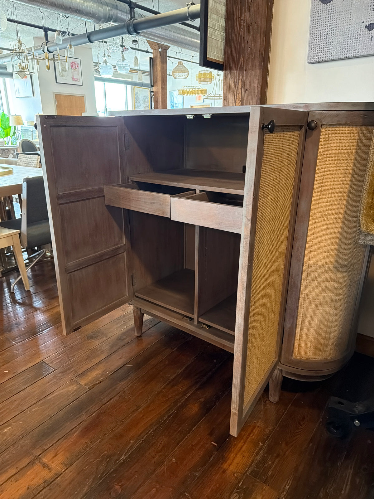 Acacia wood cabinet w/ natural woven, cane doors 🌷