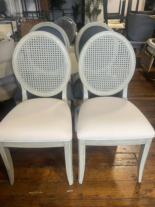 Set of two French brasserie beige / rustic grey linen oval dining chairs 🩶