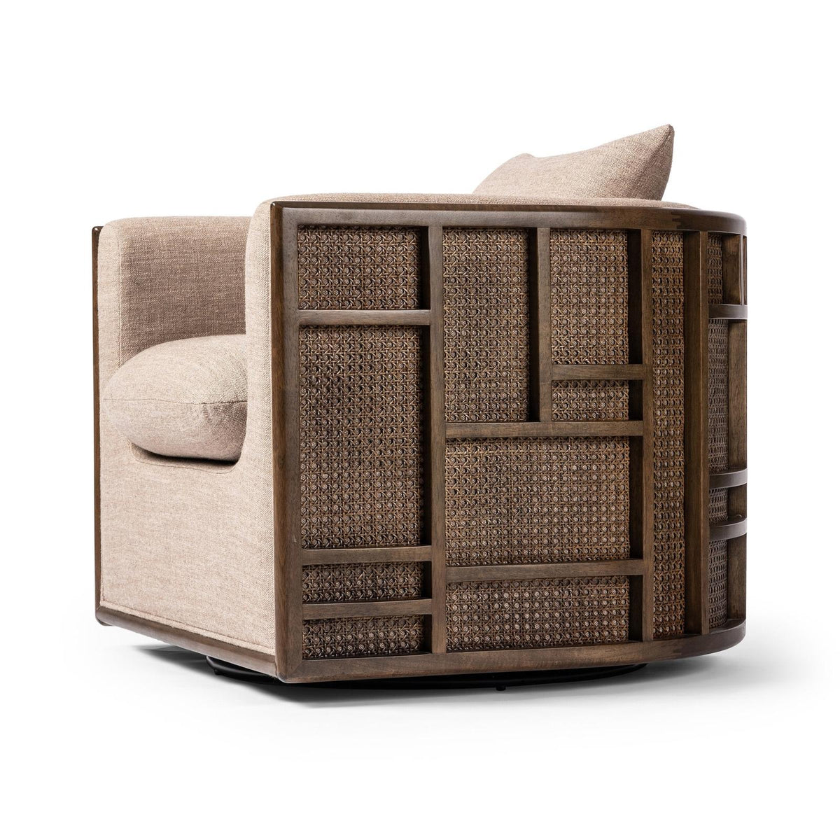 Four Hands cane & linen swivel armchair w/ pillow