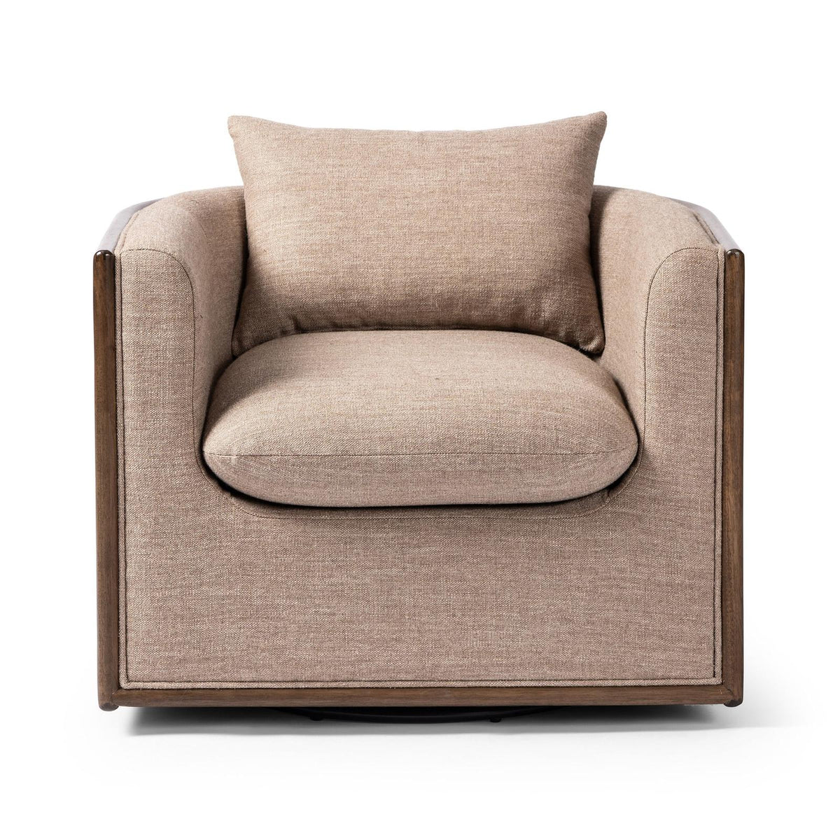 Four Hands cane & linen swivel armchair w/ pillow