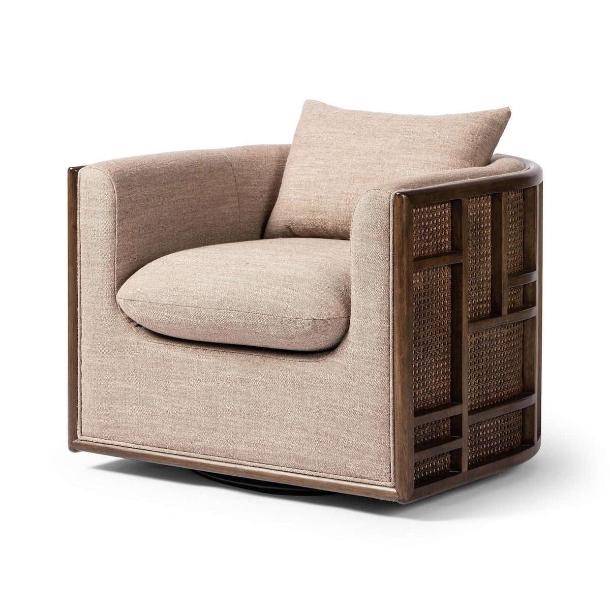 Four Hands cane & linen swivel armchair w/ pillow