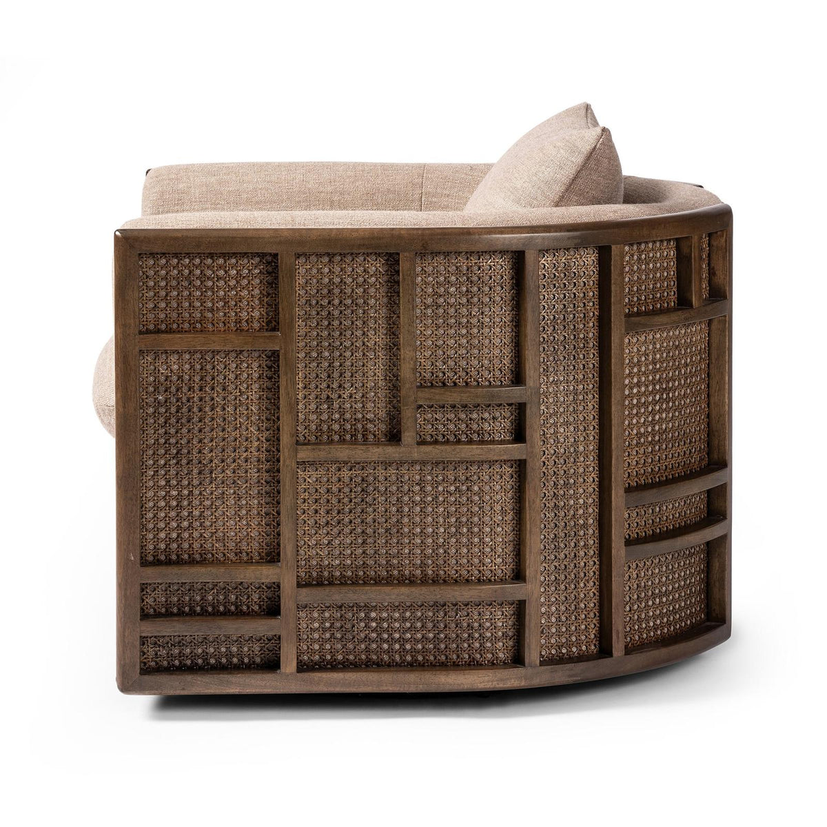Four Hands cane & linen swivel armchair w/ pillow