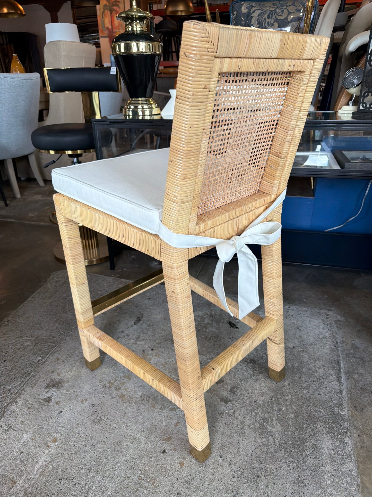 Handwoven coastal woven counterheight  barstool w/ gold bar & white cushion & bow 🌻