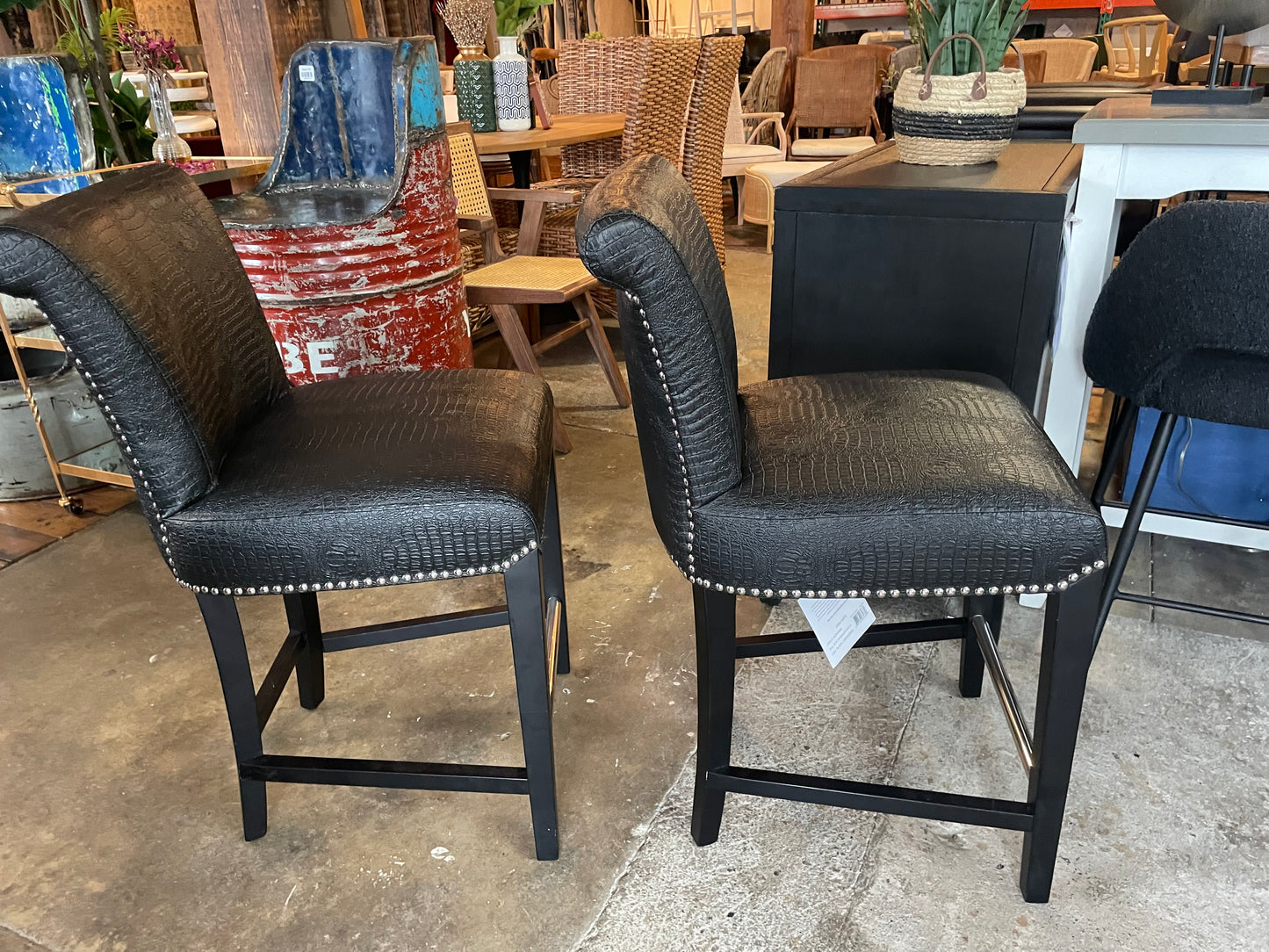 2 faux black crocodile counterheight barstools w/ nailhead trim 🥂