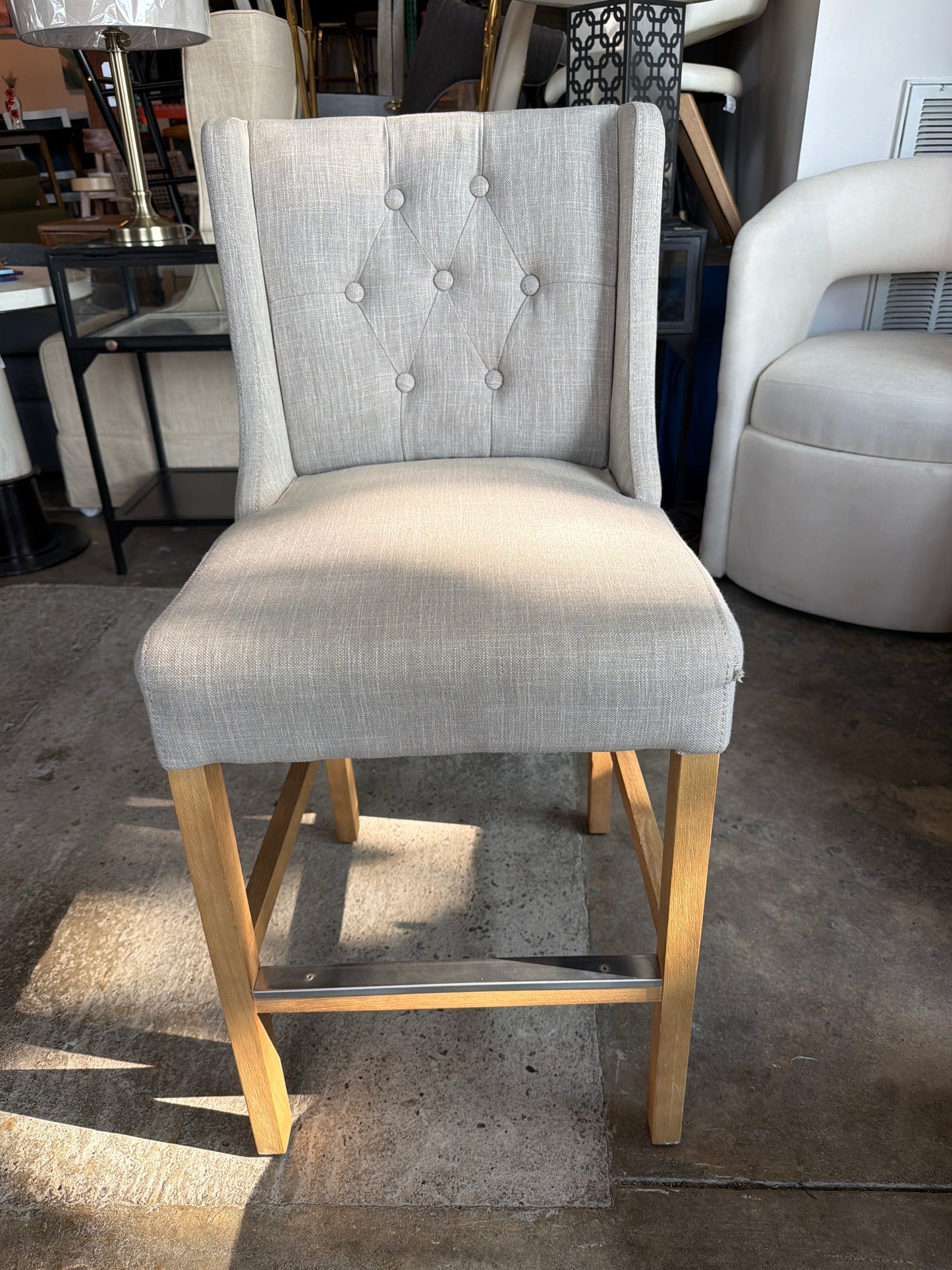 Grey linen button tufted counterheight barstool w/ wood frame 🩶