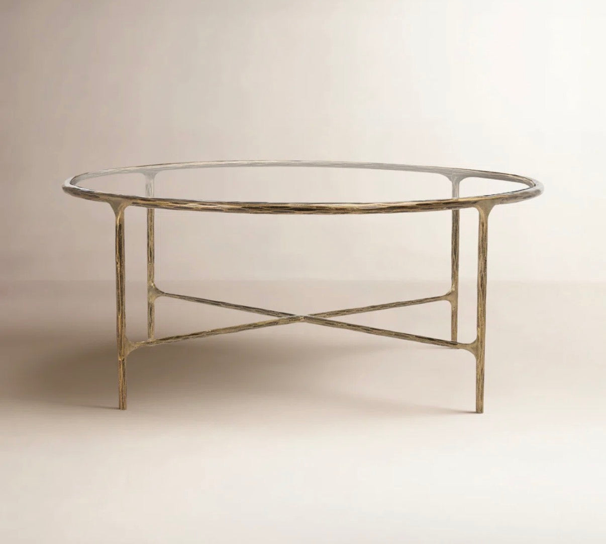 36” round glass coffee table w/ hammered brass iron frame ✨